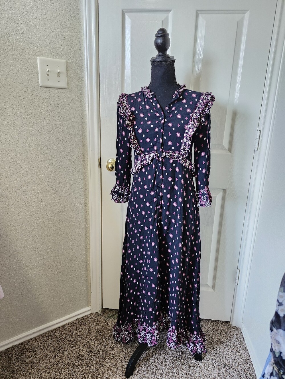 Free People Black Maxi Dress with Pink Floral Ruffle Trim
